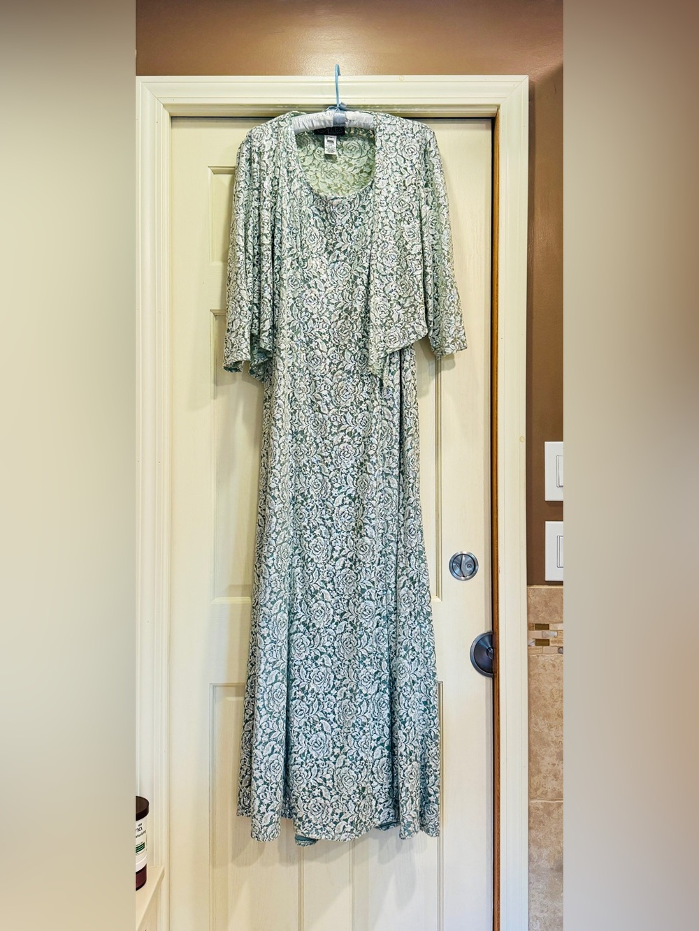 Alex Evenings Sequin Lace Jacket Long Gown Set Green & White Size 14